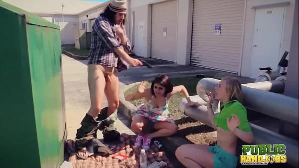 PUBLIC HANDJOBS Raquel Roper and Jessie Young give a homeless guy a hand