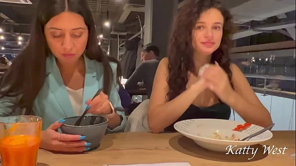 Two shameless chicks have lunch without panties at the mall in public